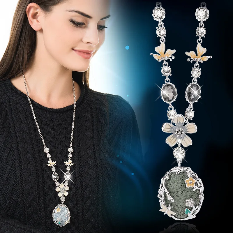 

Vintage Fashion Elegant Sweater Chain Long Crystal Flower Pendant Water Drop Necklace Dress Accessories Decoration Jewelry