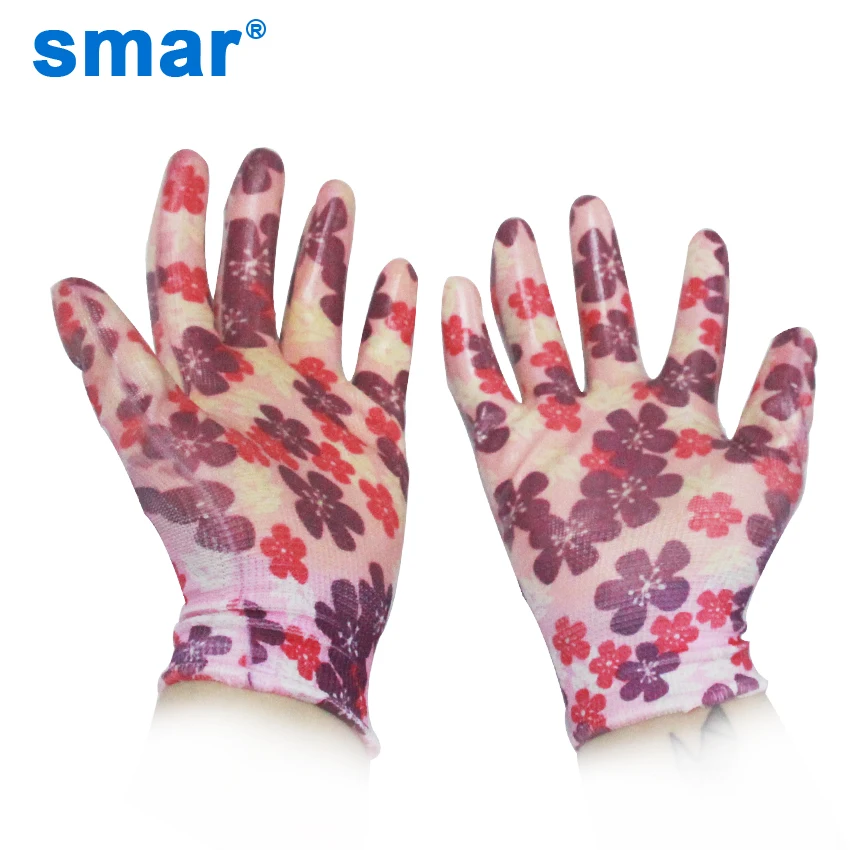 

Smar Women 6 Pairs Non-Slip Housework Cleaning Breathable Gardening Gloves Hard Pink Flower Printed Work Nitrile Labor Gloves