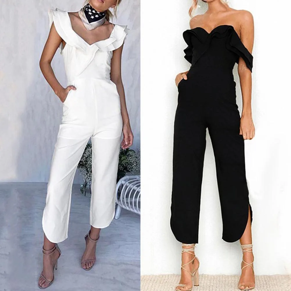 Vintage Mid Waist Jumpsuit Women 2019 Spring Ladies Chic Ruffle Trim Sleeveless Solid Color Jumpsuits Female Simple Black/White | Женская