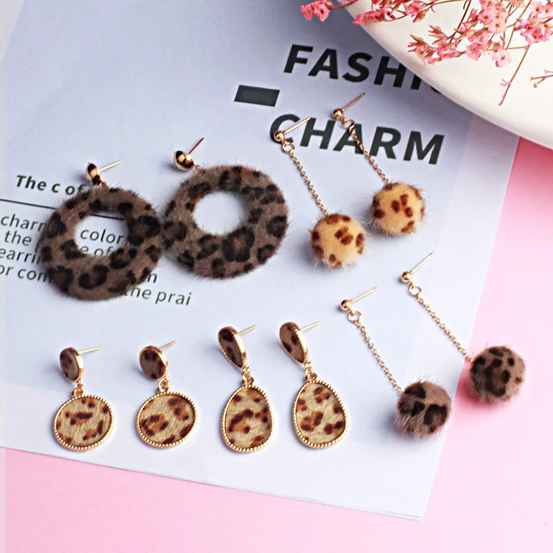 

New Design Leopard Print Water Drop Round Hair Ball Pendant Stud Earrings For Women Fashion Ear Jewelry Birthday Gifts