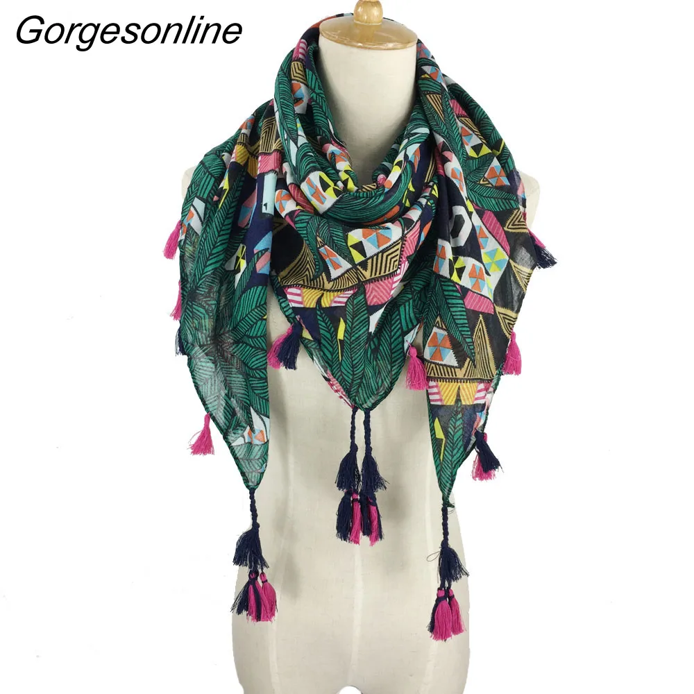 

Wholesale fashion spring wraps square tassel star chain printed hijab shawl pretty colorful pom pom scarf