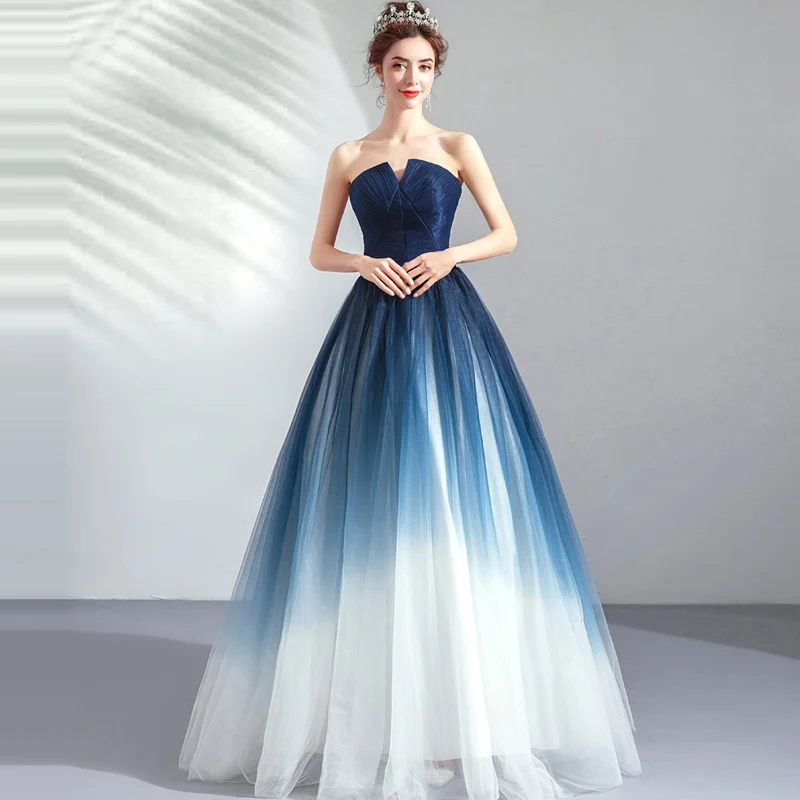 

It's YiiYa Prom Gowns Blue Sleeveless Strapless A-Line Floor Length Long Party Dress Custom Plus Size Prom Dresses 2019 E263