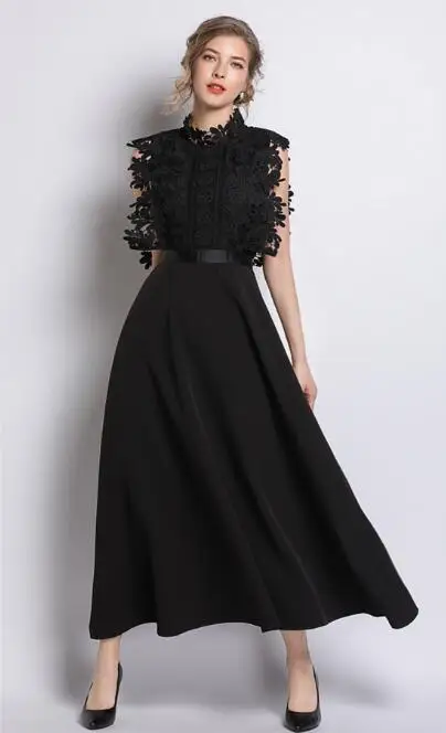 Новые летние черные кружевные платья женское винтажное открытое цветочное вязаное крючком водорастворимое лоскутное кружевное платье женское длинное платье - Цвет: Черный