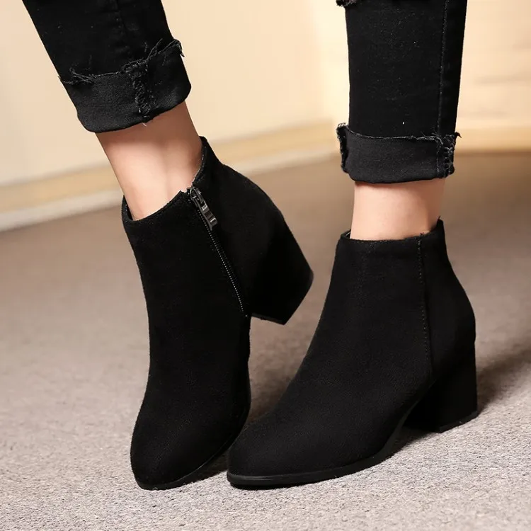 

Big Size 11 12 13 Ma'am Coarse heel Short boots Pure color Fashion boot barrel Suede high-heeled boots