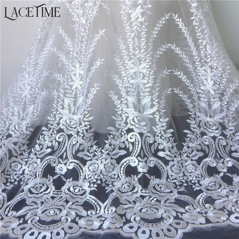 

Vintage Embroidery Polyester Tree Print Net African Nigerian Lace Fabric In Ivory White For Wedding Dress, Home Party Decoration