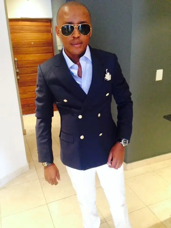 Fashion Slim Fit Double Breasted Navy Blue Blazer White Pants Custom Made Smart Business Work Wear Men Suits Party Prom 2 Pieces | Мужская