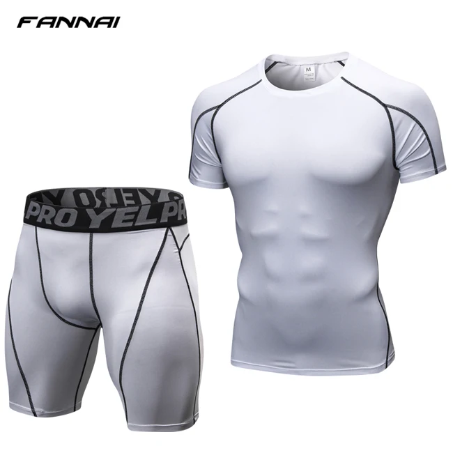 Компрессионная Мужская облегающая Спортивная одежда для фитнеса и бега, быстросохнущая футболка с коротким рукавом+ шорты