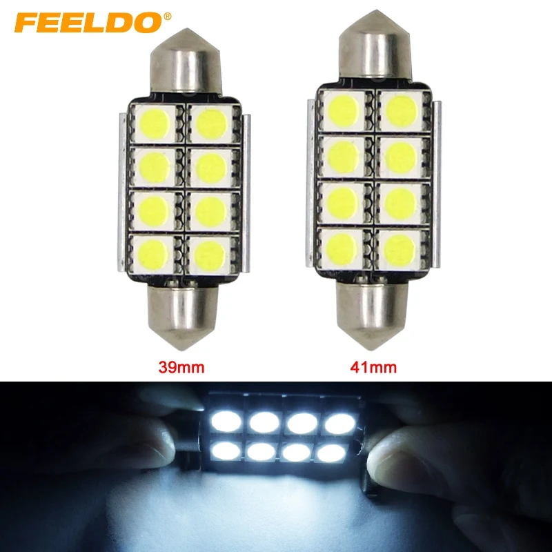 

FEELDO 50Pcs White 39mm 41mm 1.5W 6000K 120-Lumen 5050 8LED 8 SMD Car Festoon Dome Reading LED light#FD-2627