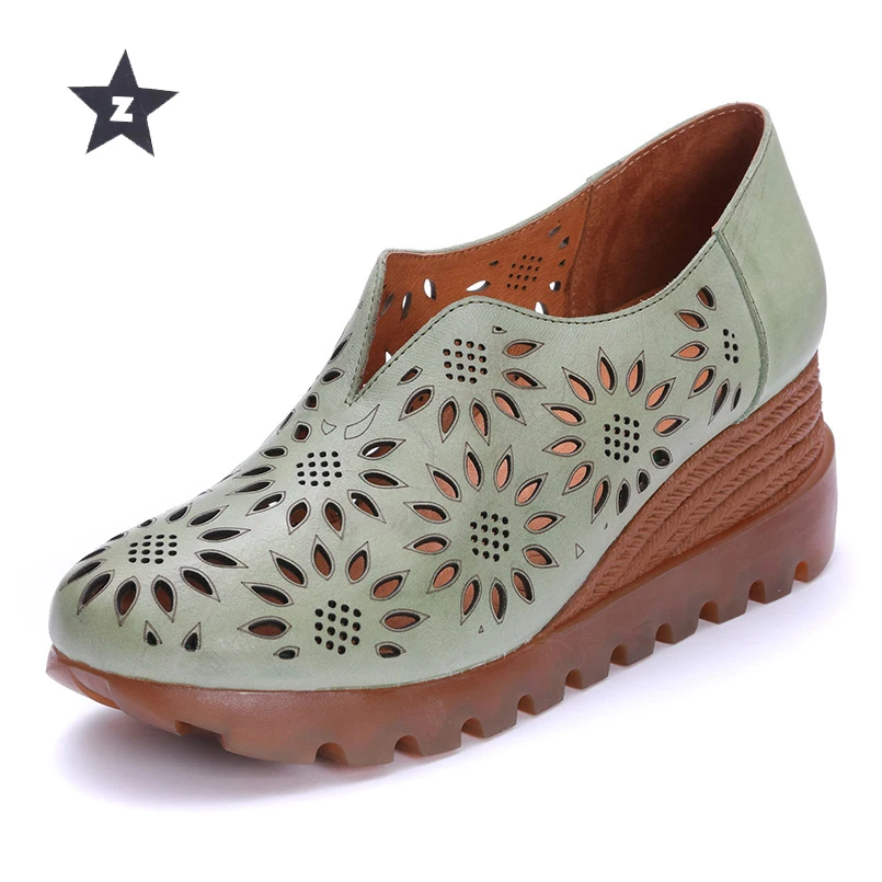 

Z shoes woman genuine leather retro hollow carved fashion wedges platform shoes women summer shoes heels size 35-40