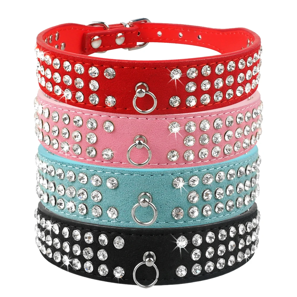 Rhinestone Dog Collar 3 Rows Suede Leather Diamante Cat Puppy Collars 5 ...