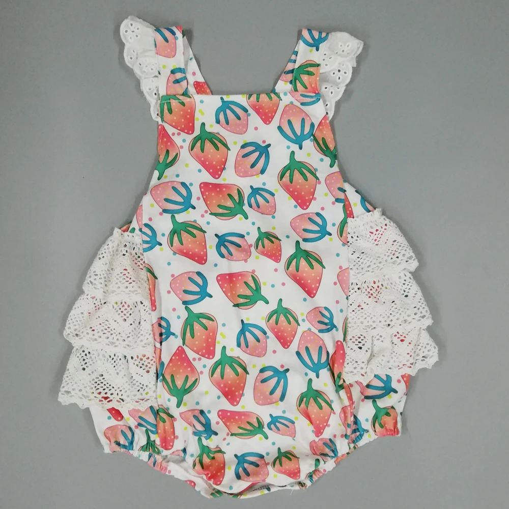 

2019 NEW Summber baby girl clothes Lovely strawberry square collar lace sleeve Baby Girl rompers Fine cottonnew born