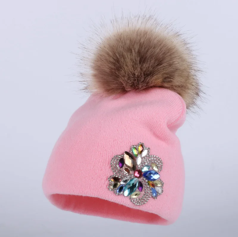 Вязаная зимняя шапка для детей от 0 до 3 лет, шапка для мальчиков и девочек из хлопка цвета фуксии с помпоном, Детские шапочки с цветочным принтом, Повседневные шапки skullies - Цвет: pink hat