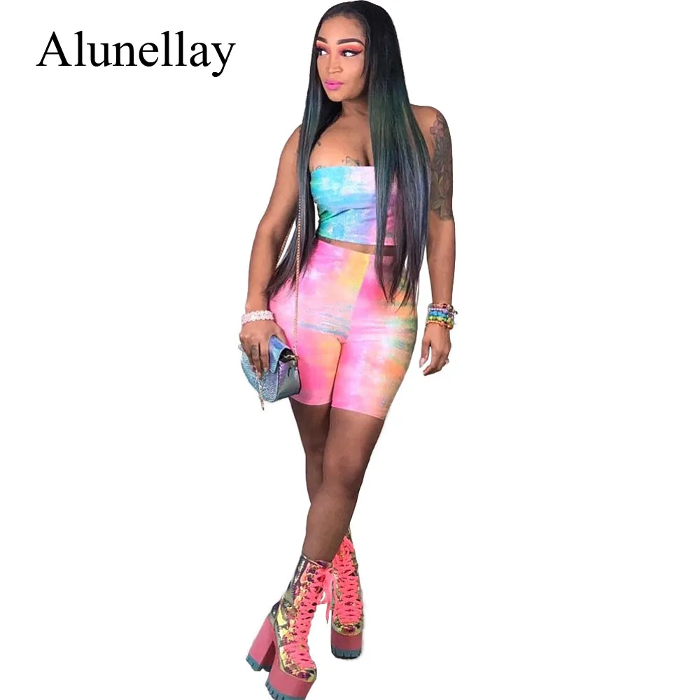 Alunellay Women Sexy 2 Piece Sets Strapless Playsuit Gradient Rainbow Color Bodycon Jumpsuit Women Backless Sleeveless Playsuit