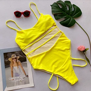 XREOUGA, бандажный комплект бикини на бретельках, новинка, одноцветная одежда для плавания для женщин, темно-синие купальники, новые стринги, Maillot De Bain Femme - Цвет: Цвет: желтый