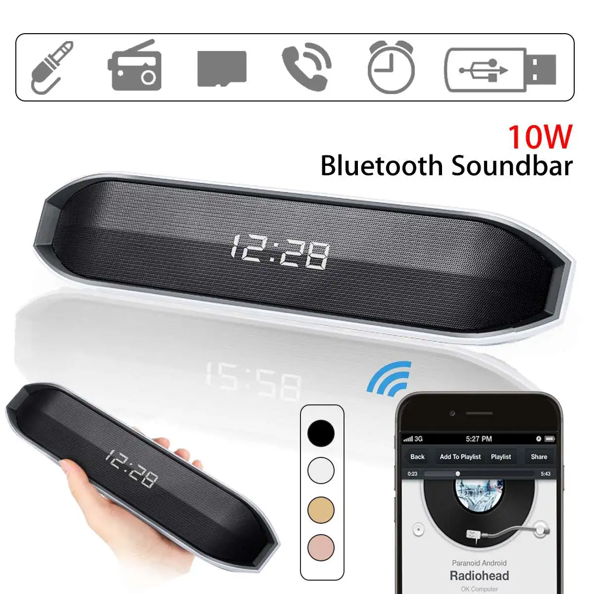 

10W Portable Wireless bluetooth Speaker 3D Stereo Soundbar LED TF FM AUX Alarm Clock Loudspeaker Subwoofer for Phone Computer