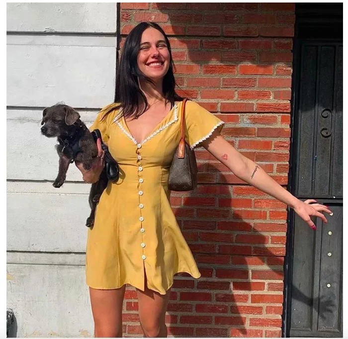 

Cute Yellow Lace Dress With Turn down Collar Short Sleeve