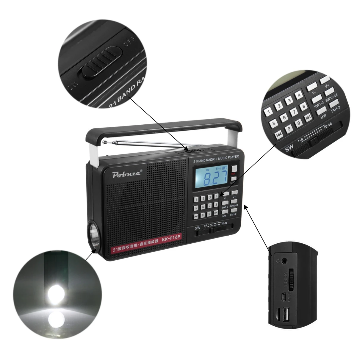 Портативный FM/MW/SW полный диапазон Международный светодиодный радио с фонариком mp3-плеер Micro TF USB открытый динамик