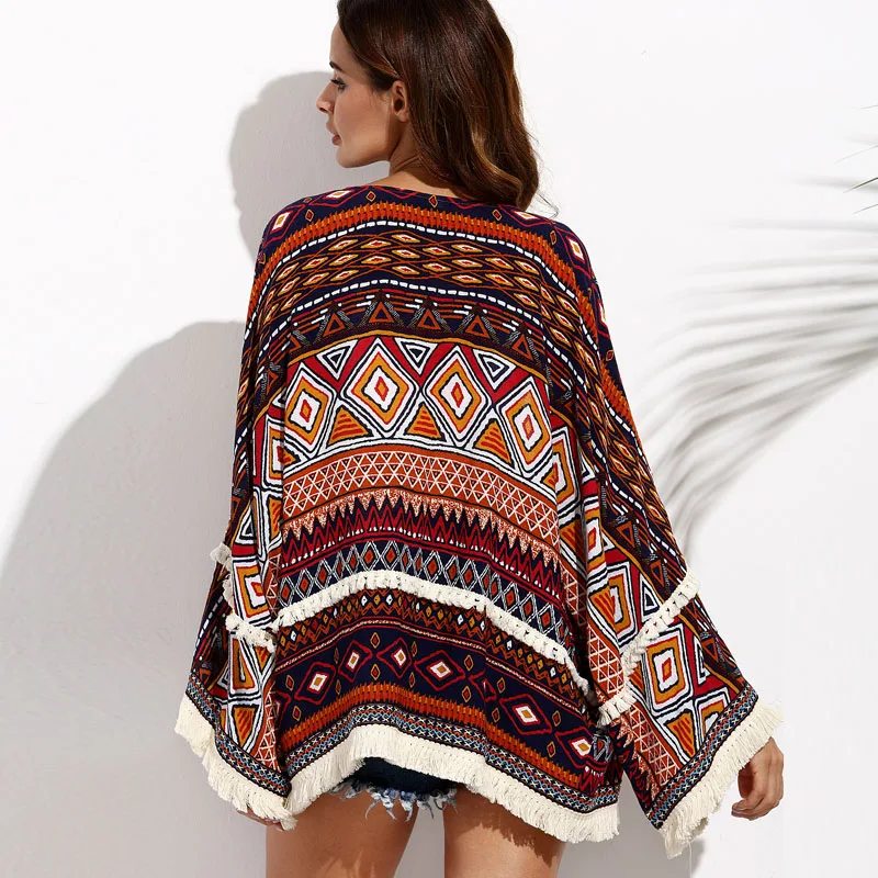 Meilleur 2018 Été Automne Sexy Chemises Kimono Plage Bohème Lâche Cardigan Femmes Vêtements Vintage Impression Gland Blouse Tops Manteau Blusas