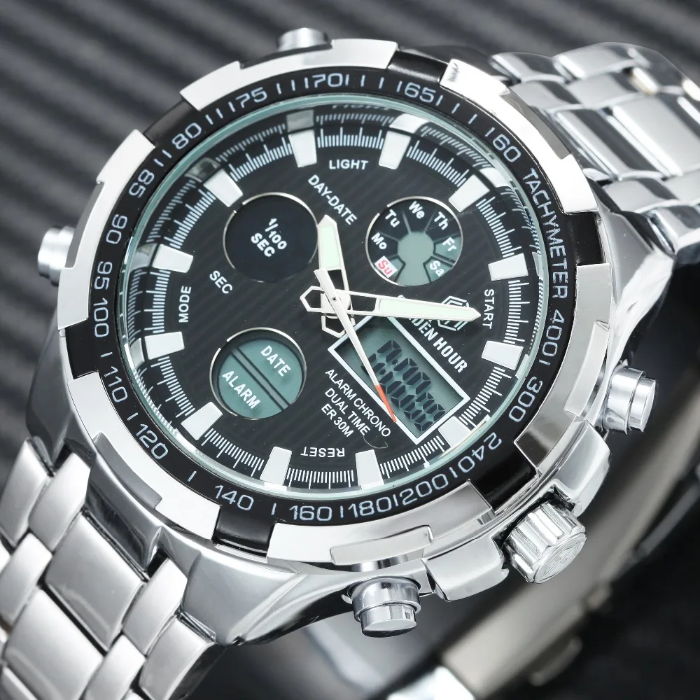 

2018 New Sport Digital Analog Watches Men Top Brand Luxury GOLDENHOUR Dual Time Alarm LED Clock Full Steel Waterproof Wristwatch