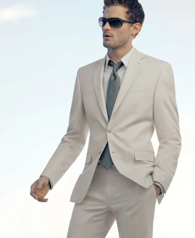 

Groomsmen Light Beige Groom Tuxedos Custom Made Men Suits Notch Lapel Best Man 2 pieces Wedding Suit ( Jacket+Pants+Tie ) C571