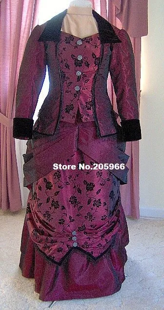 Custom Made1870s Victoriaanse Jurk Bordeaux TaffetaBustle Gown Jurk-Zwart Kralen Fringe Custom Made1870s Victoriaanse Jurk Bordeaux TaffetaBustle Gown Jurk-Zwart Kralen Fringe