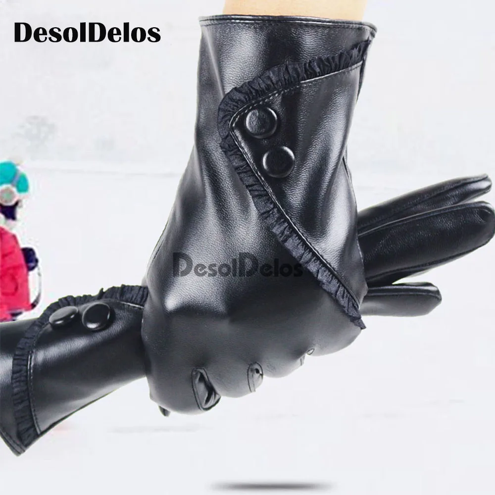 

2019 Women's Gloves Genuine Leather Winter Warm Fluff Woman Soft Female Rabbit Fur Lining Riveted Clasp High-quality Mittens