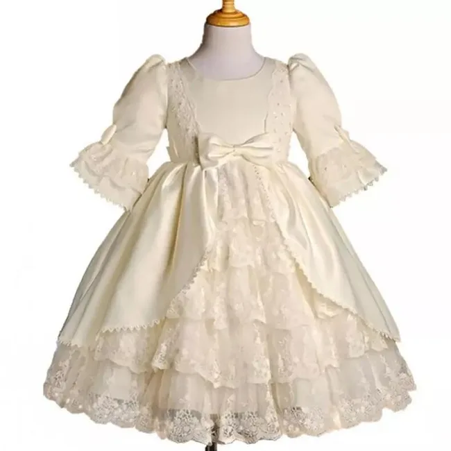 

Vintage Gothic Christening Gown Tiered Lace Pearls Baby Gowns With Long Sleeves Infant Baptism Outfits