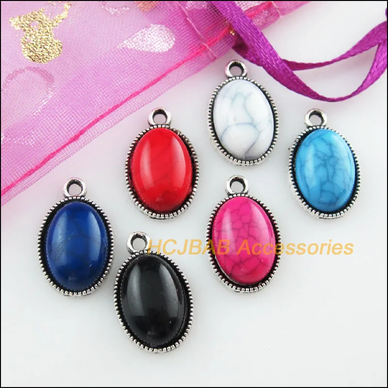 

12 New Oval Mixed Charms Stone Tibetan Silver Tone Pendant 12x19mm