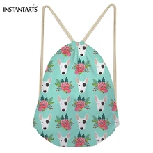 INSTANTARTS Kawaii 3D Animal Bull Terrier Flower Print Women Men Drawstrings Bags Fashion Softback Storage Backpacks Beach Bags