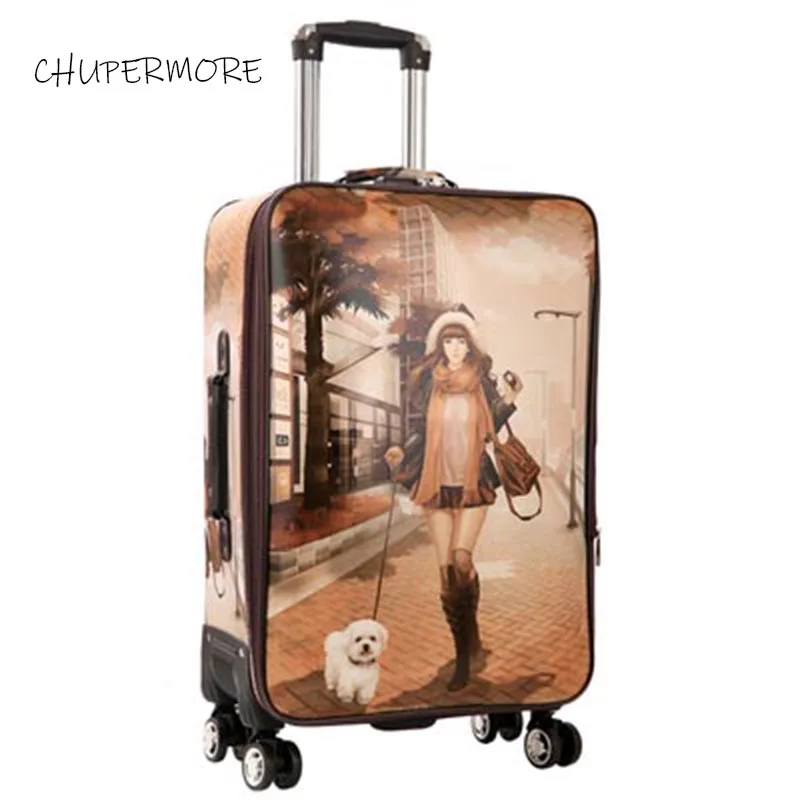 

Chupermore Fashion Graffiti PU Leather Rolling Luggage Spinner Men Suitcase Wheels 20 inch Women Carry On Password Trolley