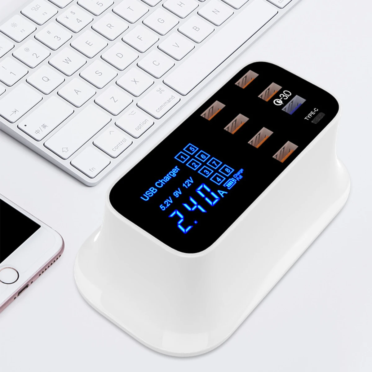 

8 Port Smart USB QC 3.0 Charger Station LED Display Type C Fast Charging Power Adapter USB Charger