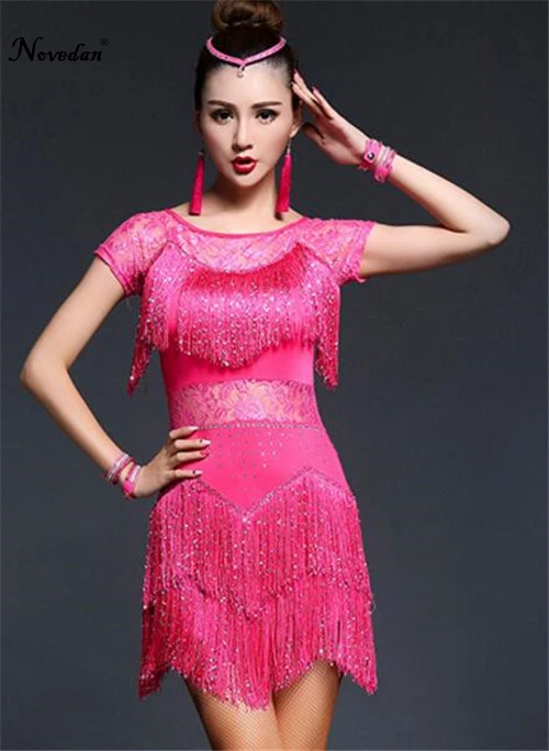 Пикантные красные танго платье сальса Латинский платье для танцев Для женщин кружевной бахромой бального танца Конкурс платья для продажи - Цвет: Short Sleeve Pink