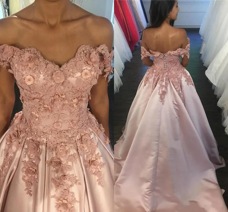 same as picture Arabic Off Shoulder Evening Dresses with 3D Floral Appliques Beading Backless Satin Prom Dress Sweep Train Vestidos De Fiesta - Цвет: same as picture