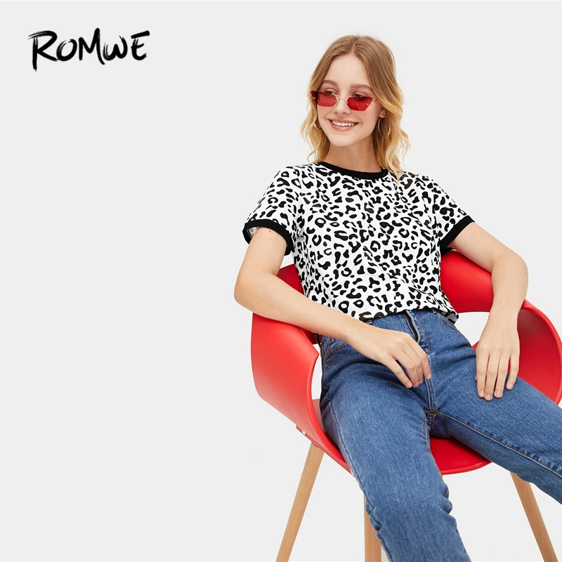 

ROMWE Leopard Print Ringer Tee 2019 Basic All Matched Short Sleeve Stretchy Summer Tops Chic Women Black and White Shirts