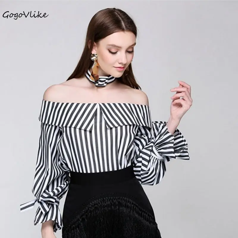 

Sexy Slash Neck Open Shoulder Striped Tops With Chocker Flare Sleeve 2017 women OL Blouse Shirt camisa preta Korea LT361S20