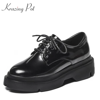 

Krazing Pot 2019 classics cow leather shoes women round toe women lace up preppy style pumps wedge superstar increased shoes L15