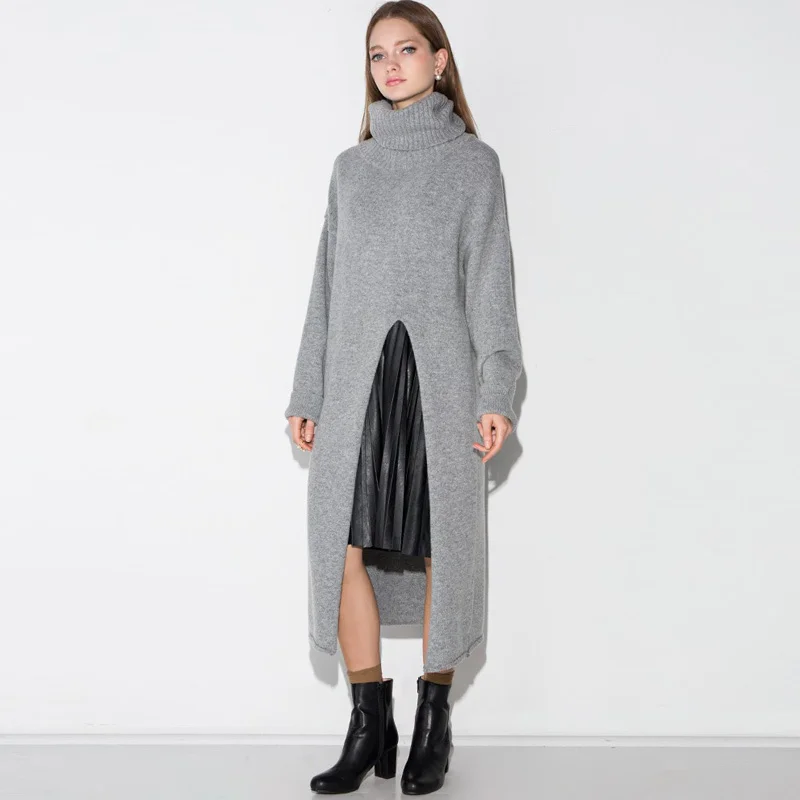 

European American fashion women's casual ladies gray long sleeves front open solid color high collar slim long sweater