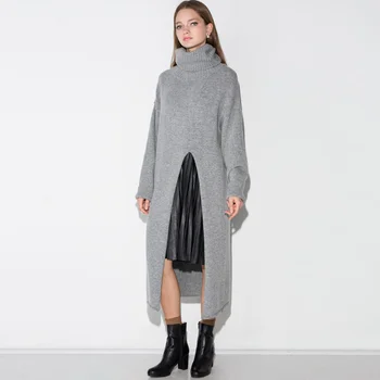 

European American fashion women's casual ladies gray long sleeves front open solid color high collar slim long sweater