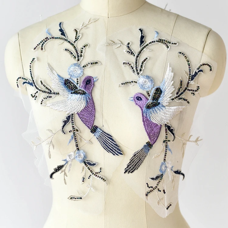 

Color beaded sequins embroidered bird flowers applique handmade diy clothing decorative patch lace material
