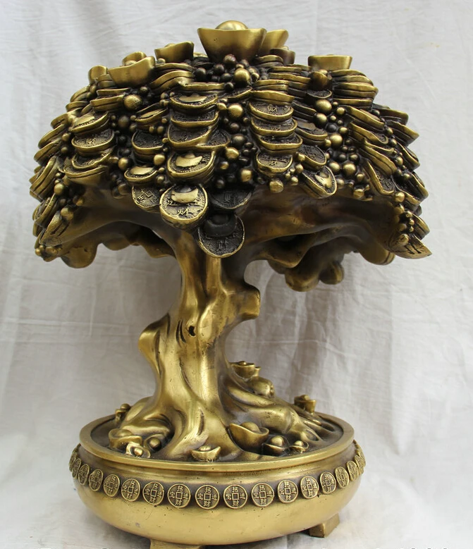 

USPS to USA S2543 17" China Chinese Brass Folk treasure bowl money tree coin wealth Yuan Bao Statue B0401