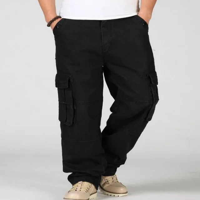 2019 New Mens Denim Cargo Pants Jeans Men Baggy Loose Black Jeans With