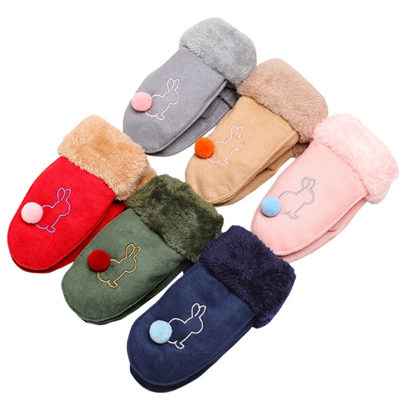 LNRRABC новинка, 1 пара, носки с вышивкой в корейском стиле варежки прекрасные перчатки с маленькими пушистыми помпончиками для детей с кроликом из мультфильма утепленная одежда из замши