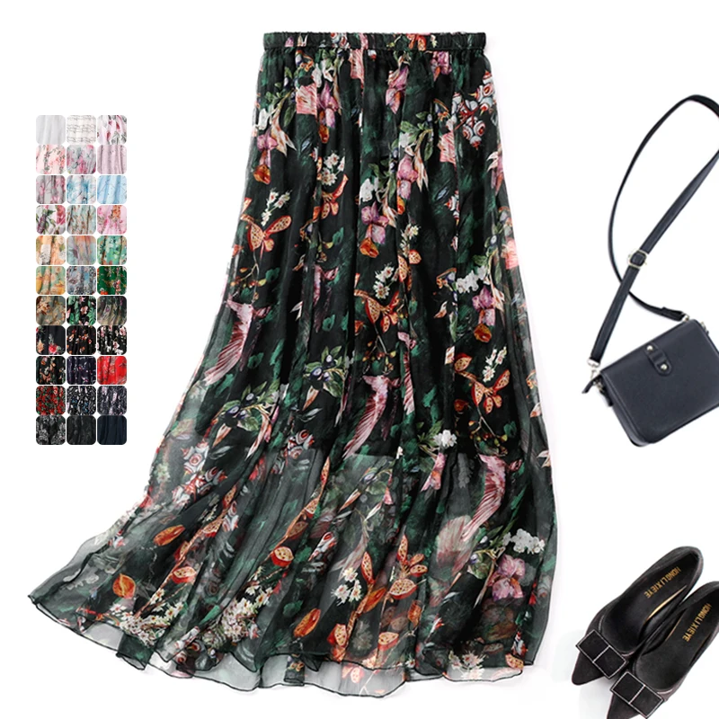 

Women's 100% Silk Maxi Skirt Two-Layer Pleated Long Dress Summer Beach JN010