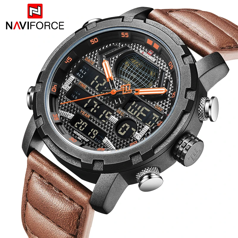Najtaniej NAVIFORCE Top marka moda męska Sport Watch mężczyźni skórzane wodoodporne zegarki kwarcowe mężczyzna data analogowy zegar z podświetleniem led Relogio Masculino