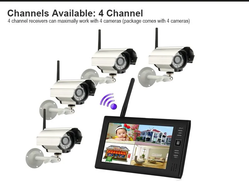 7 дюймов монитор Беспроводной комплект видеонаблюдения 2,4 ГГц 4CH канала CCTV DVR 4 шт. Беспроводной камеры аудио Ночное видение охранных Системы