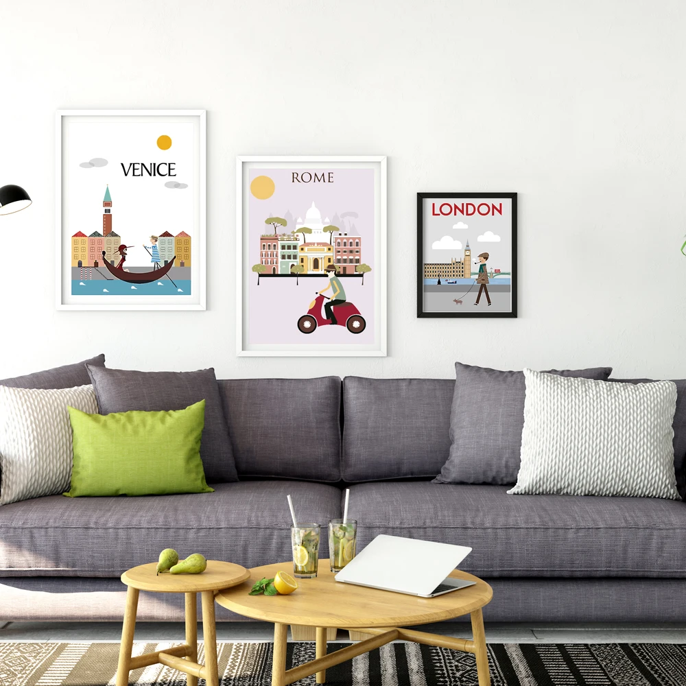 Mode Dunia Kota Pagi Besar Kartun Poster Gambar Seni Kanvas Dekorasi