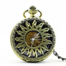 Vintage patrón de sol grande bronce reloj de bolsillo hombre mujer estudiante hueco mecánico collar cadena para regalo PJX1162