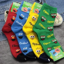 Носки с героями мультфильмов «Улица Сезам», «Элмо», «печенья», «Монстр», «Большая Птица», «Оскар», Забавные милые женские носки с принтом, Осенние желтые, зеленые хлопковые носки