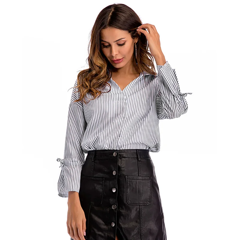 ShejoinSheenjoy Striped Bow Tie Long Sleeve Loose Casual Shirt Ladies Blouses Autumn Tops V-Neck Blouse Shirt Top Women Shirts (18)