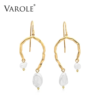 

VAROLE Natural Shell Pearl Dangle Earrings Gold Color Earings Contracted Drop Earrings For Women Jewelry Brincos